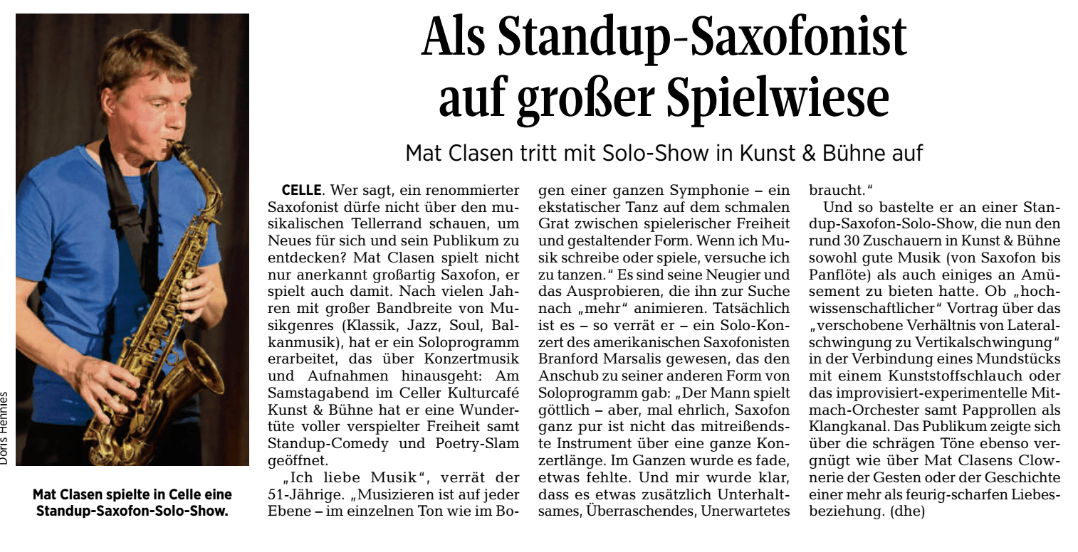 Pressebericht Mat Clasen Saxophon Solo Show Celle 09.10.2021