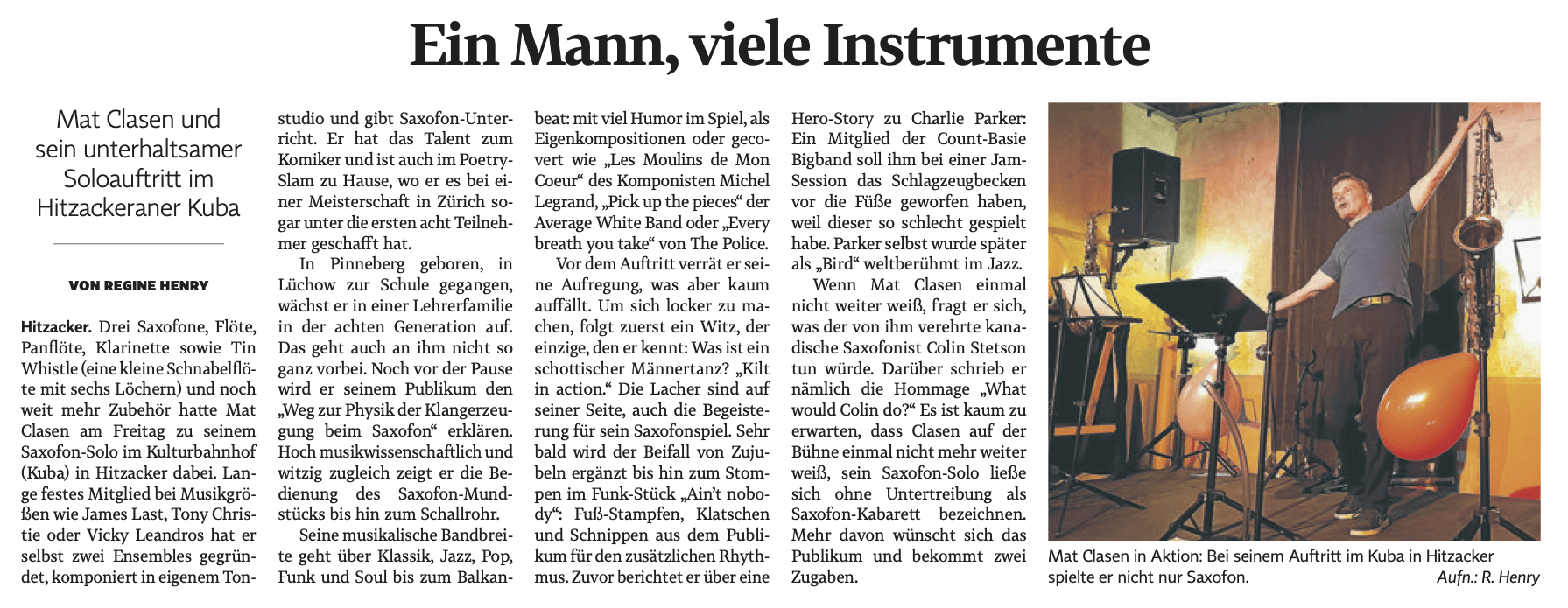 Pressebericht Mat Clasen Saxophon Solo Show Hitzacker 23.09.2022