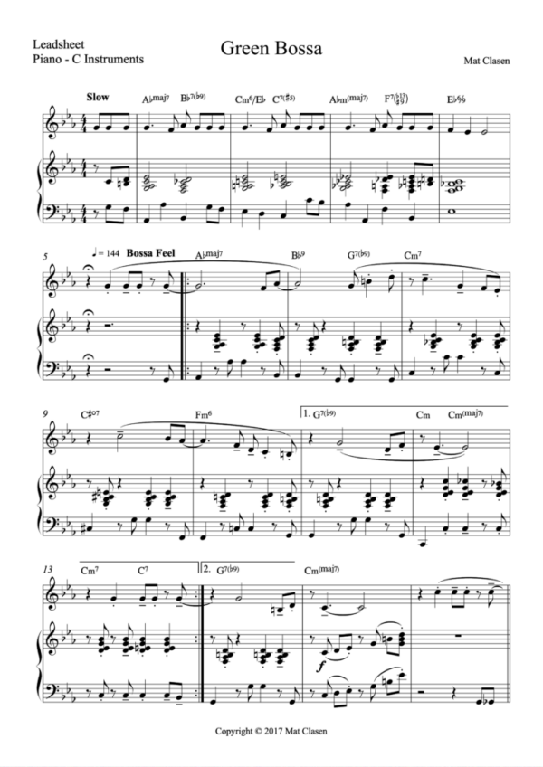 Green Bossa Leadsheets und Pianostimme (PDF-Download)