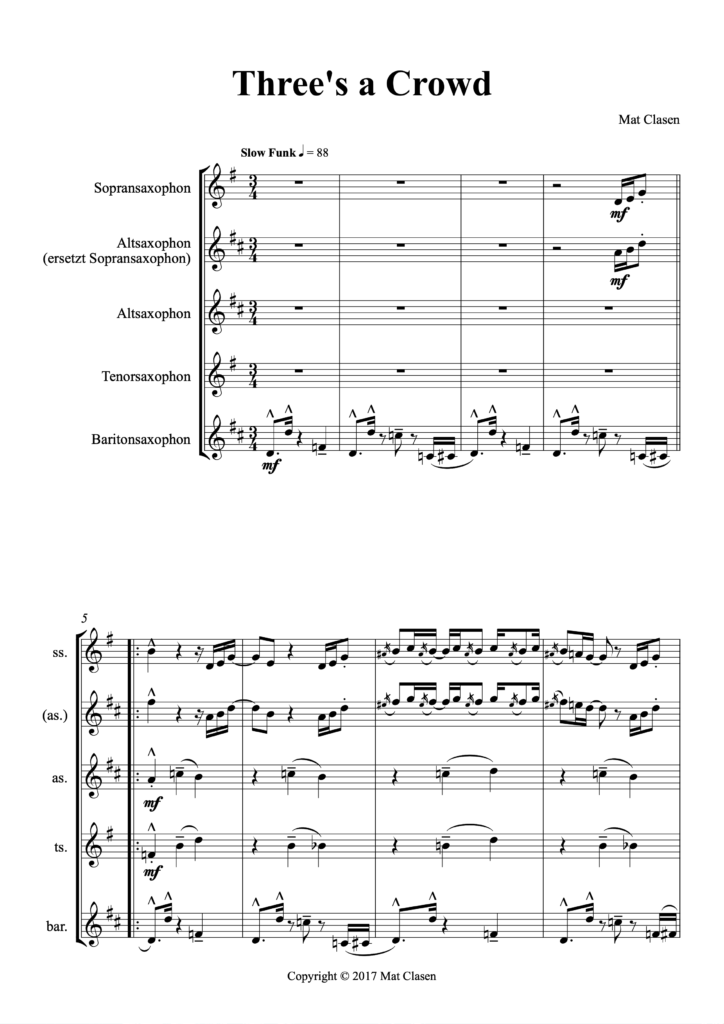 Groove im Dreivierteltakt mit Funkgarantie - Three's a Crowd für Saxophonquartett (PDF-Download)