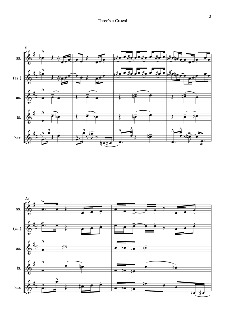 Groove im Dreivierteltakt mit Funkgarantie - Three's a Crowd für Saxophonquartett (PDF-Download)